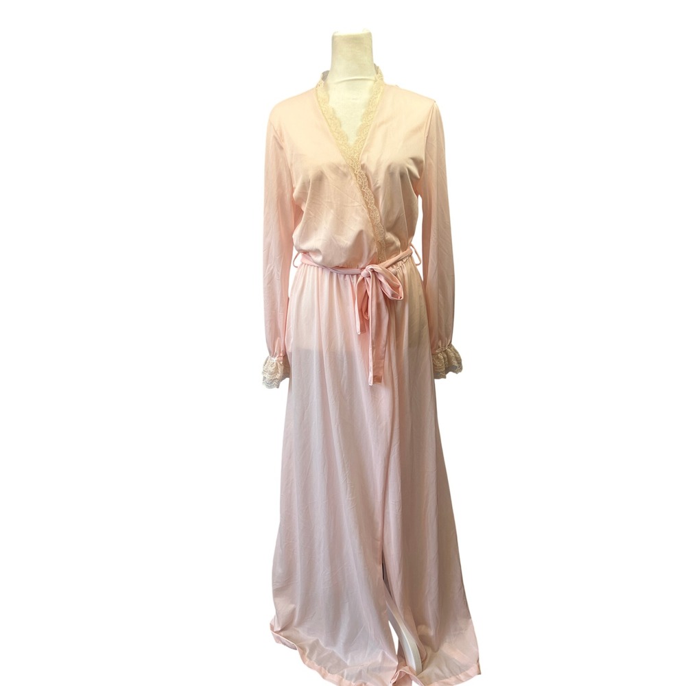Softness by Avon Vintage Blush Pink Maxi Wrap Robe Lace Trim SZ S Made in USA